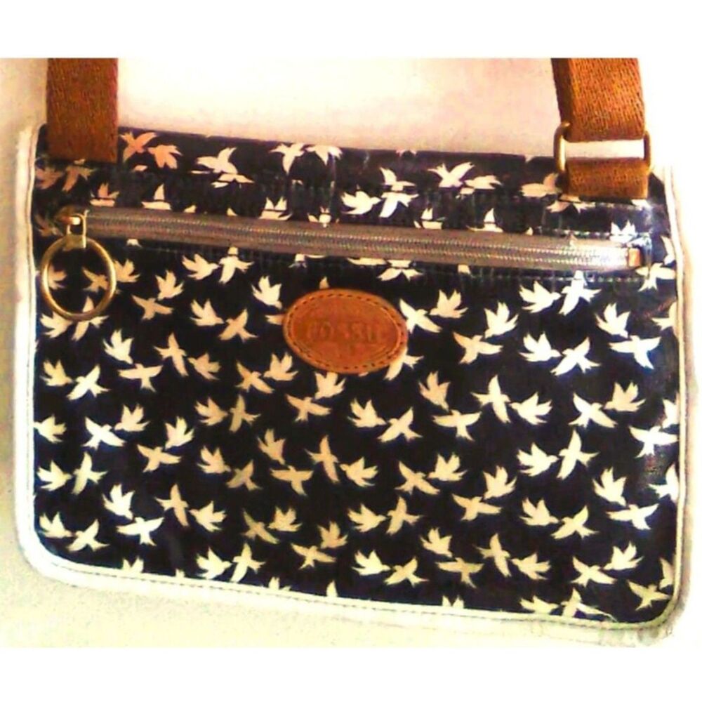 Restored Fossil Bird Print Crossbody Bag Coated Canvas Leather Trim w/Patina